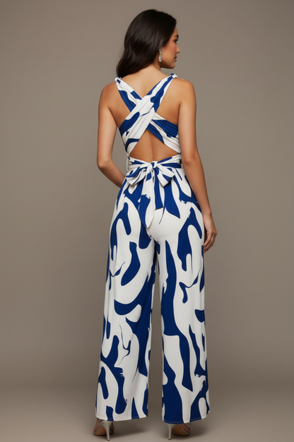 Women's Fashionable Random Print Backless Jumpsuit
