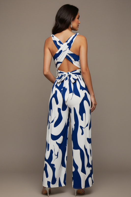Women's Fashionable Random Print Backless Jumpsuit